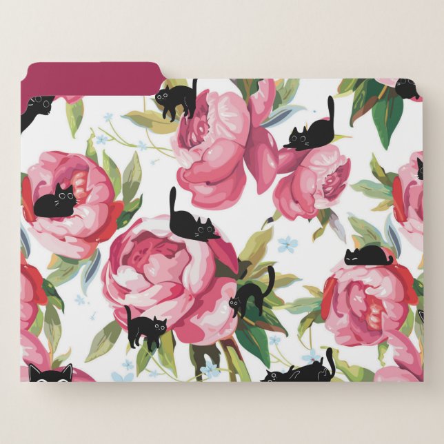 Cute Black Cat Pink Floral File Folders (Front Left)