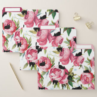 Cute Black Cat Pink Floral File Folders