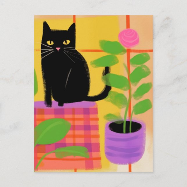 Cute Black Cat Pink Flower Postcard (Front)
