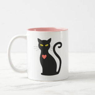 Cute black cat & pink heart Two-Tone coffee mug
