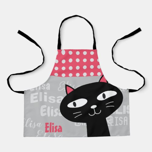 Cute Black Cat Pink Polka Dots Add Your Name Apron