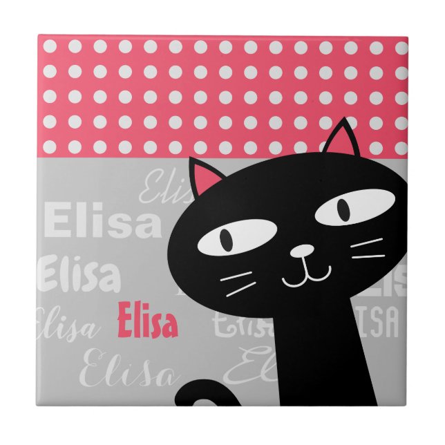 Cute Black Cat Pink Polka Dots Add Your Name Ceramic Tile (Front)