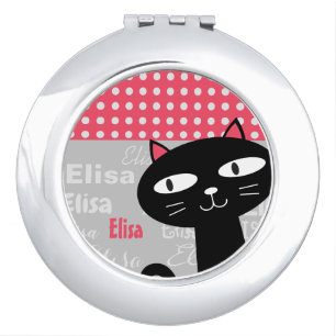Cute Black Cat Pink Polka Dots Add Your Name Compact Mirror