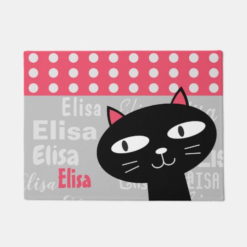 Cute Black Cat Pink Polka Dots Add Your Name Doormat