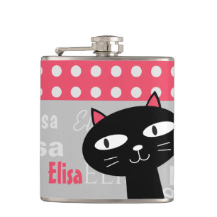 Cute Black Cat Pink Polka Dots Add Your Name Flask