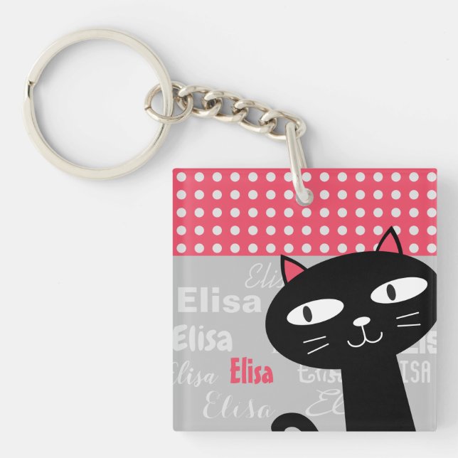 Cute Black Cat Pink Polka Dots Add Your Name Keychain (Front)