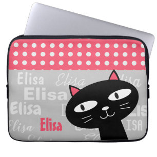 Cute Black Cat Pink Polka Dots Add Your Name Laptop Sleeve