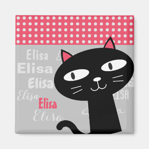 Cute Black Cat Pink Polka Dots Add Your Name Magnet