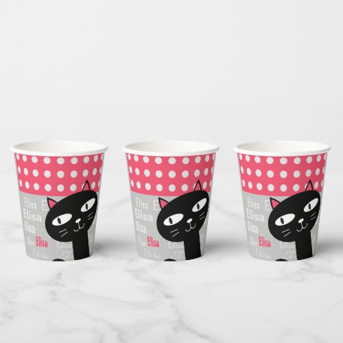 Cute Black Cat Pink Polka Dots Add Your Name Paper Cups