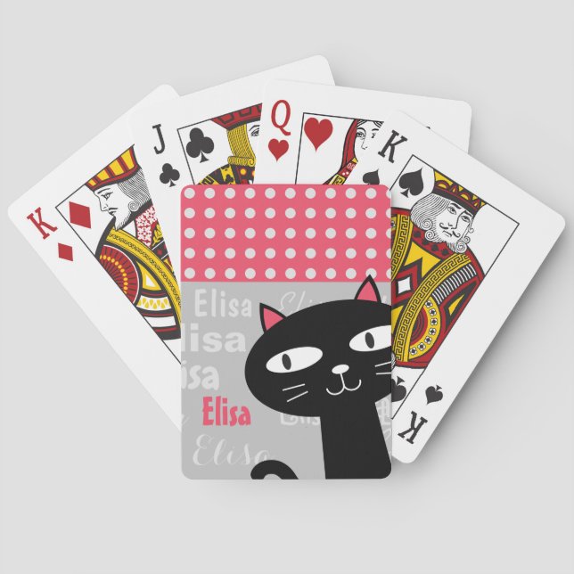 Cute Black Cat Pink Polka Dots Add Your Name Poker Cards (Back)