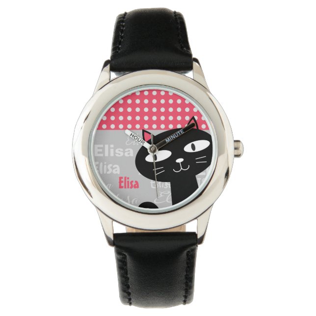 Cute Black Cat Pink Polka Dots Add Your Name Watch (Front)