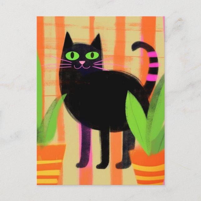 Cute Black Cat Pink Striped Tail Postcard (Front)