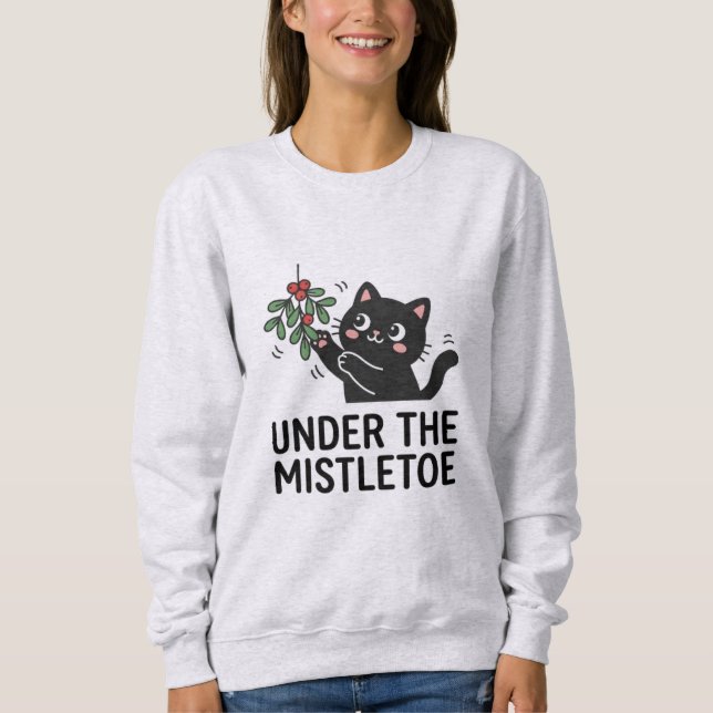 Cute Black Cat Plant Holiday Cartoon Christmas Sweatshirt (Front)