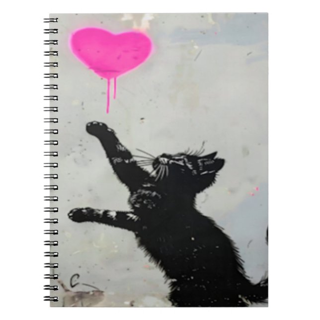 Cute Black Cat Playing with A Pink Heart Notebook (Front)