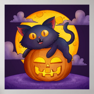 Cute Black Cat, Pumpkin and Moon Poster
