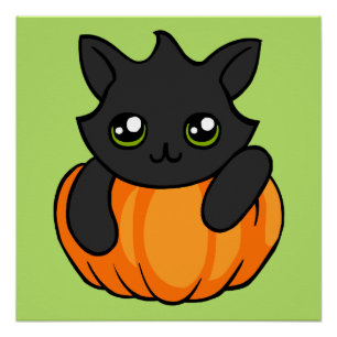 Cute Black Cat Pumpkin Drawing Halloween Poster