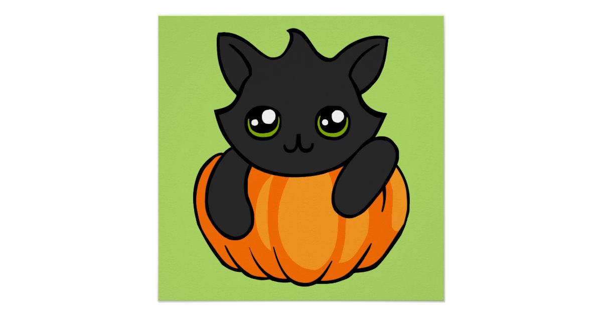 Cute Black Cat Pumpkin Drawing Halloween Poster