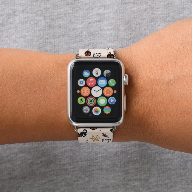 Cute Black Cat Pumpkin Halloween Pattern Apple Watch Band (In Situ)