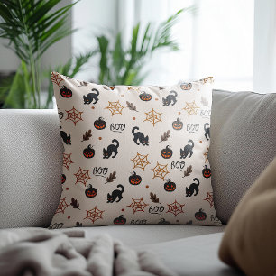 Cute Black Cat Pumpkin Halloween Pattern Throw Pillow