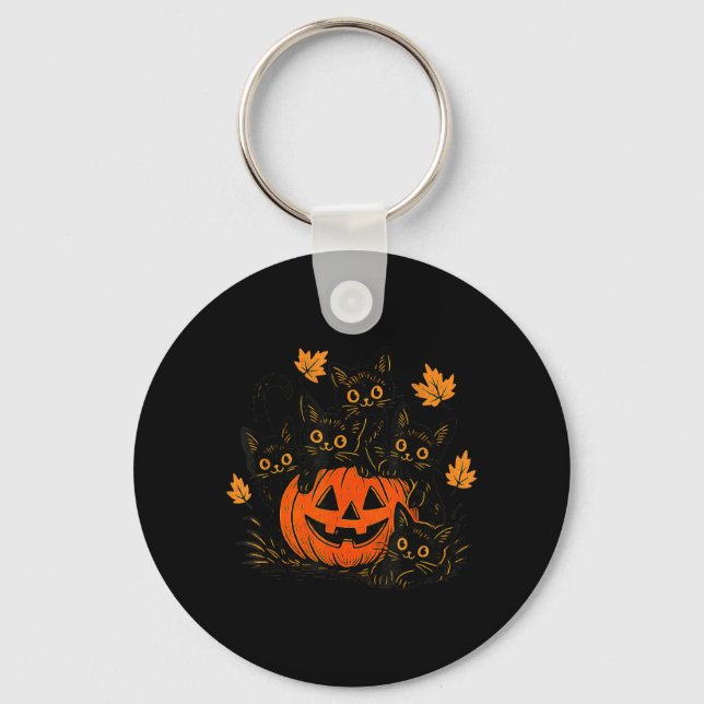 Cute Black Cat Pumpkin Jack O Lantern Kitty Funny Keychain (Front)