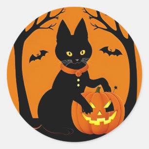 Cute Black Cat Pumpkin Witch Hat Halloween Decor Classic Round Sticker