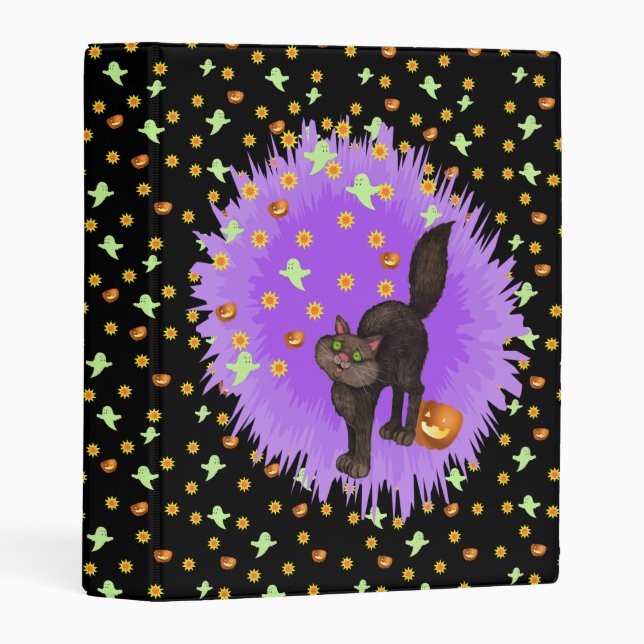 Cute Black Cat Pumpkins Ghosts Stars Purple Mini Binder (Front/Spine)