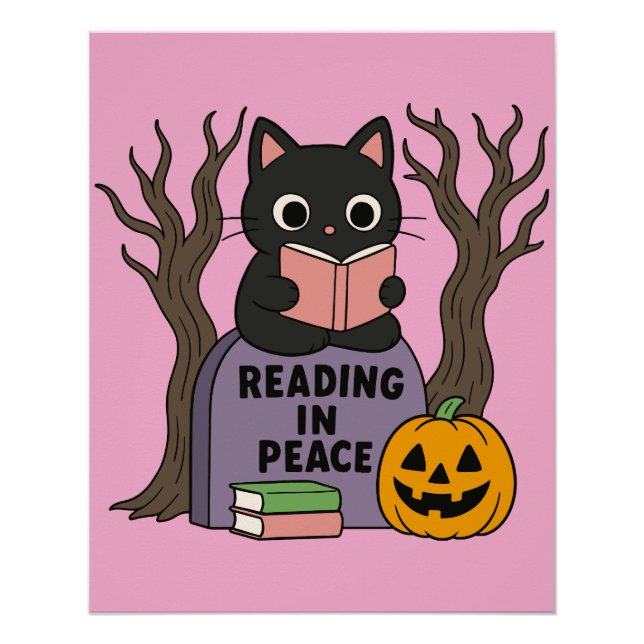 Cute Black Cat Reading in Peace Poster (Front)