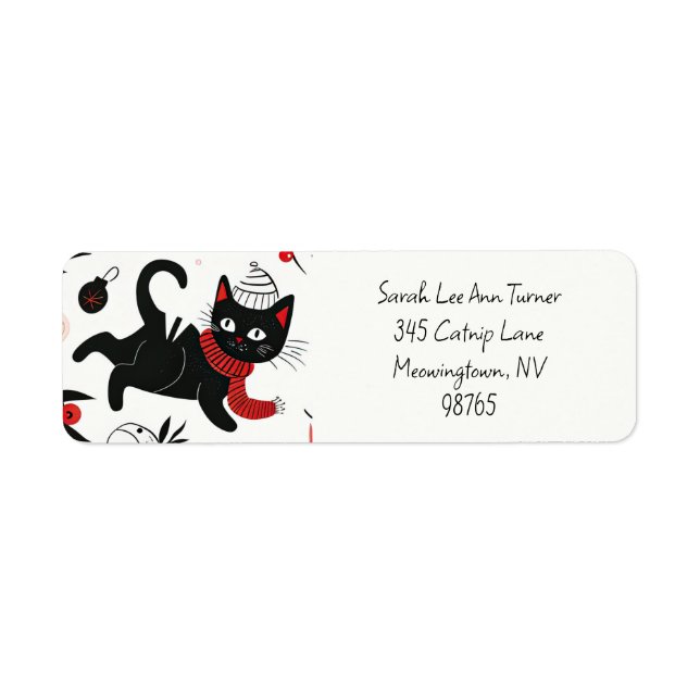 Cute Black Cat Retro Christmas Return Address Label (Front)