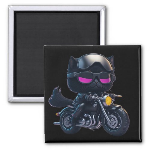Cute Black Cat Riding Motorcycle Magnet