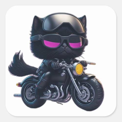 Cute Black Cat Riding Motorcycle Square Sticker