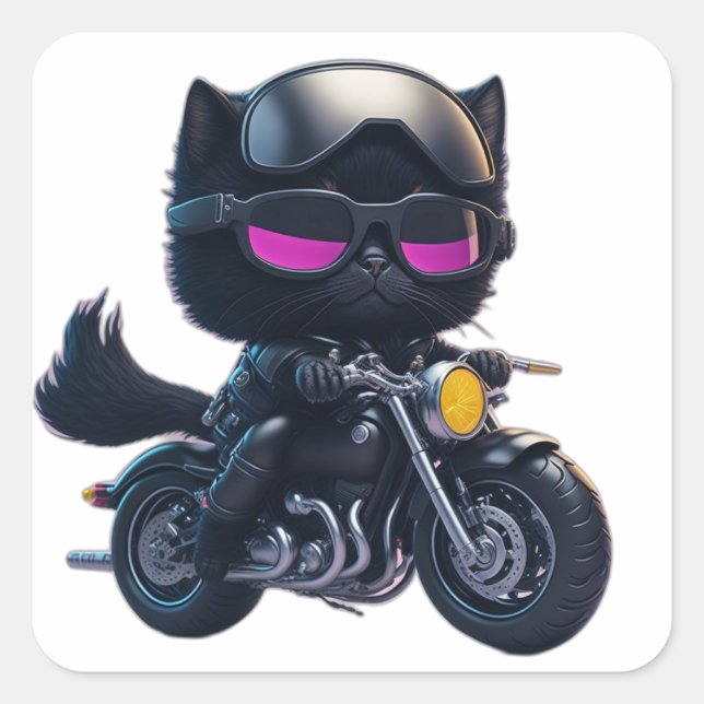 Cute Black Cat Riding Motorcycle Square Sticker (Front)
