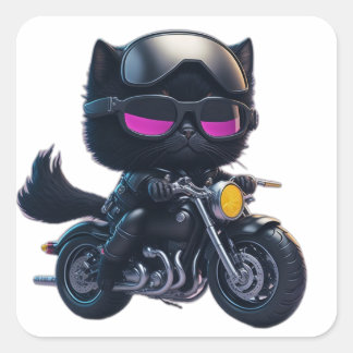 Cute Black Cat Riding Motorcycle Square Sticker