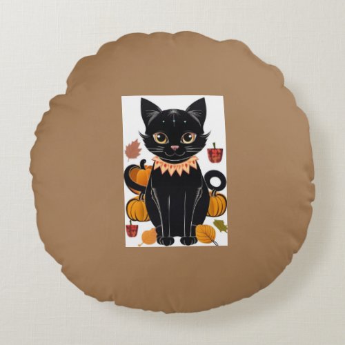 Cute Black Cat Round Pillow