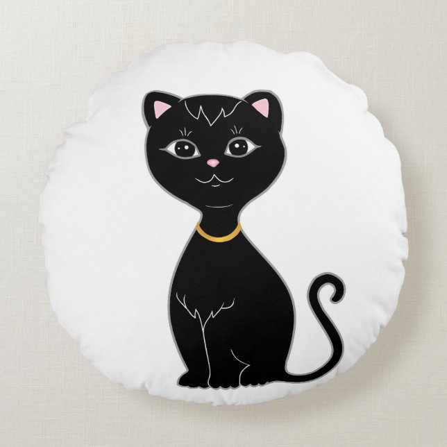 Cute Black Cat Round Pillow (Front)