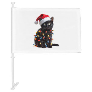 Cute Black Cat Santa Christmas Lights Meow Kitty K Car Flag