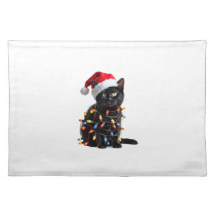 Cute Black Cat Santa Christmas Lights Meow Kitty K Cloth Placemat