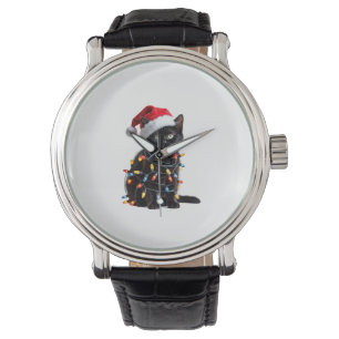 Cute Black Cat Santa Christmas Lights Meow Kitty K Watch