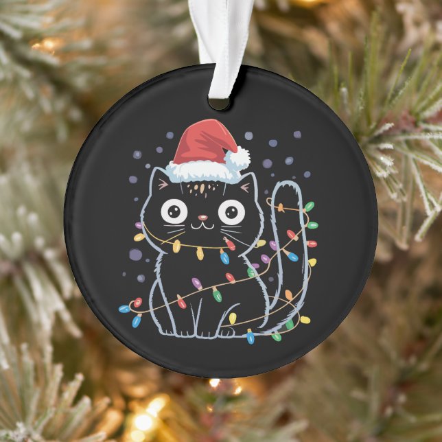 Cute Black Cat Santa Christmas Lights Meow Kitty  Ornament (Tree)