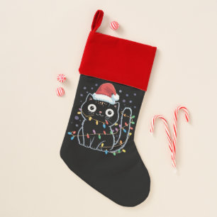 Cute Black Cat Santa Christmas Lights Meow Kitty Stocking