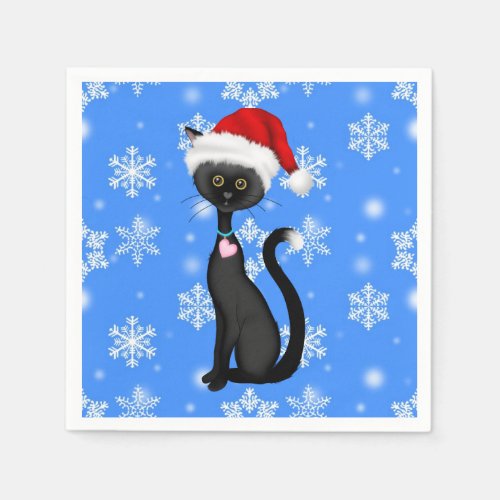 Cute Black Cat Santa Hat and Snowflakes Christmas Napkins