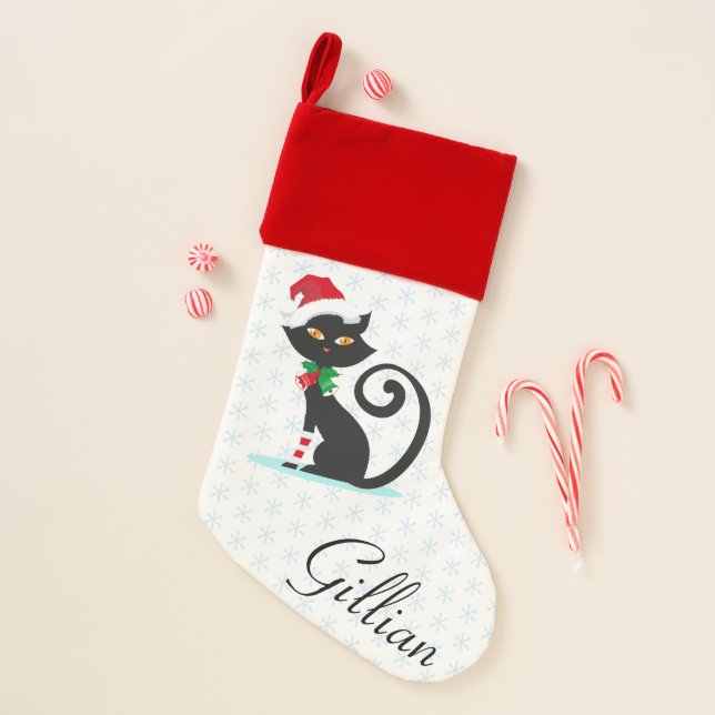 Cute Black Cat Santa Hat Snowflake Personalized Christmas Stocking (Front)