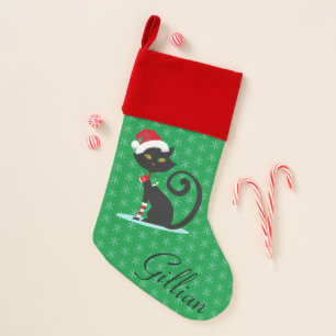 Cute Black Cat Santa Hat Snowflake Personalized Christmas Stocking
