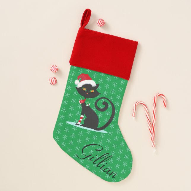 Cute Black Cat Santa Hat Snowflake Personalized Christmas Stocking (Front)