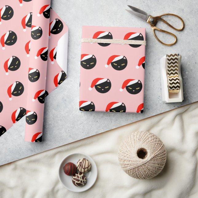 Cute Black Cat Santa Red Pattern Pink Christmas Wrapping Paper (Crafts)