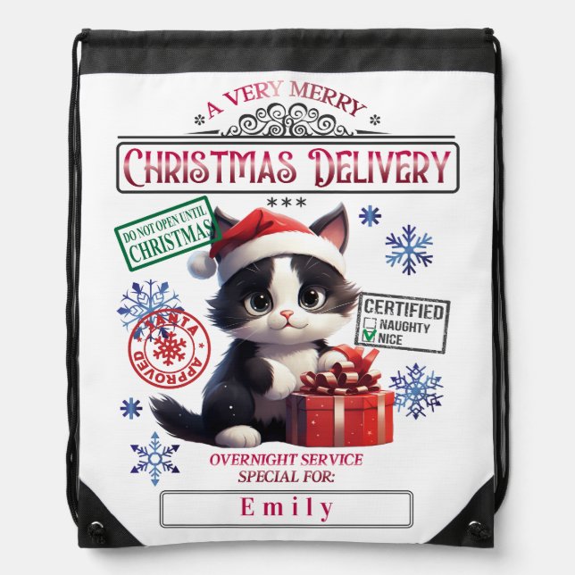 Cute Black cat Santa Sack Personalized Drawstring Bag (Front)
