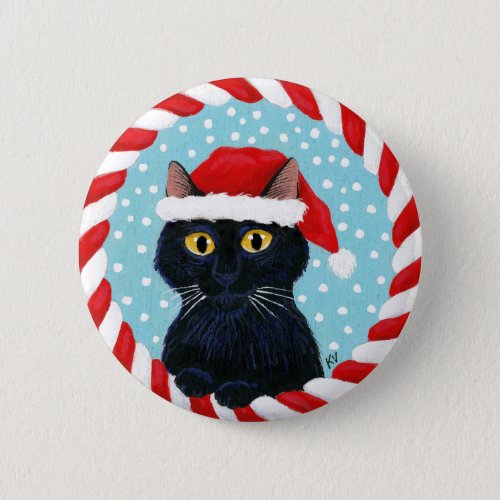 Cute black cat Santa winter Christmas snow button