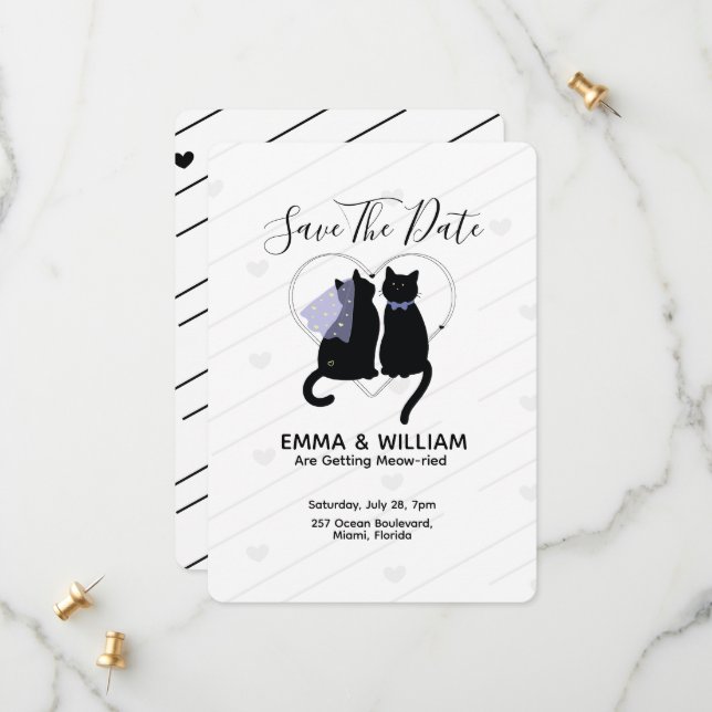 Cute black cat save the date wedding card (Front/Back In Situ)