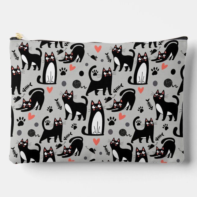 Cute Black Cat Seamless Pattern On A Light Gray Accessory Pouch (Front)