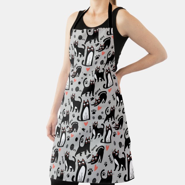 Cute Black Cat Seamless Pattern On A Light Gray Apron (Insitu)