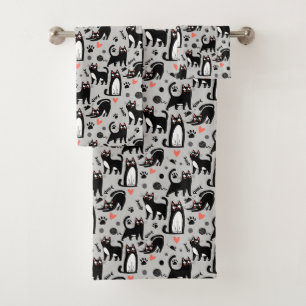 Cute Black Cat Seamless Pattern On A Light Gray Bath Towel Set